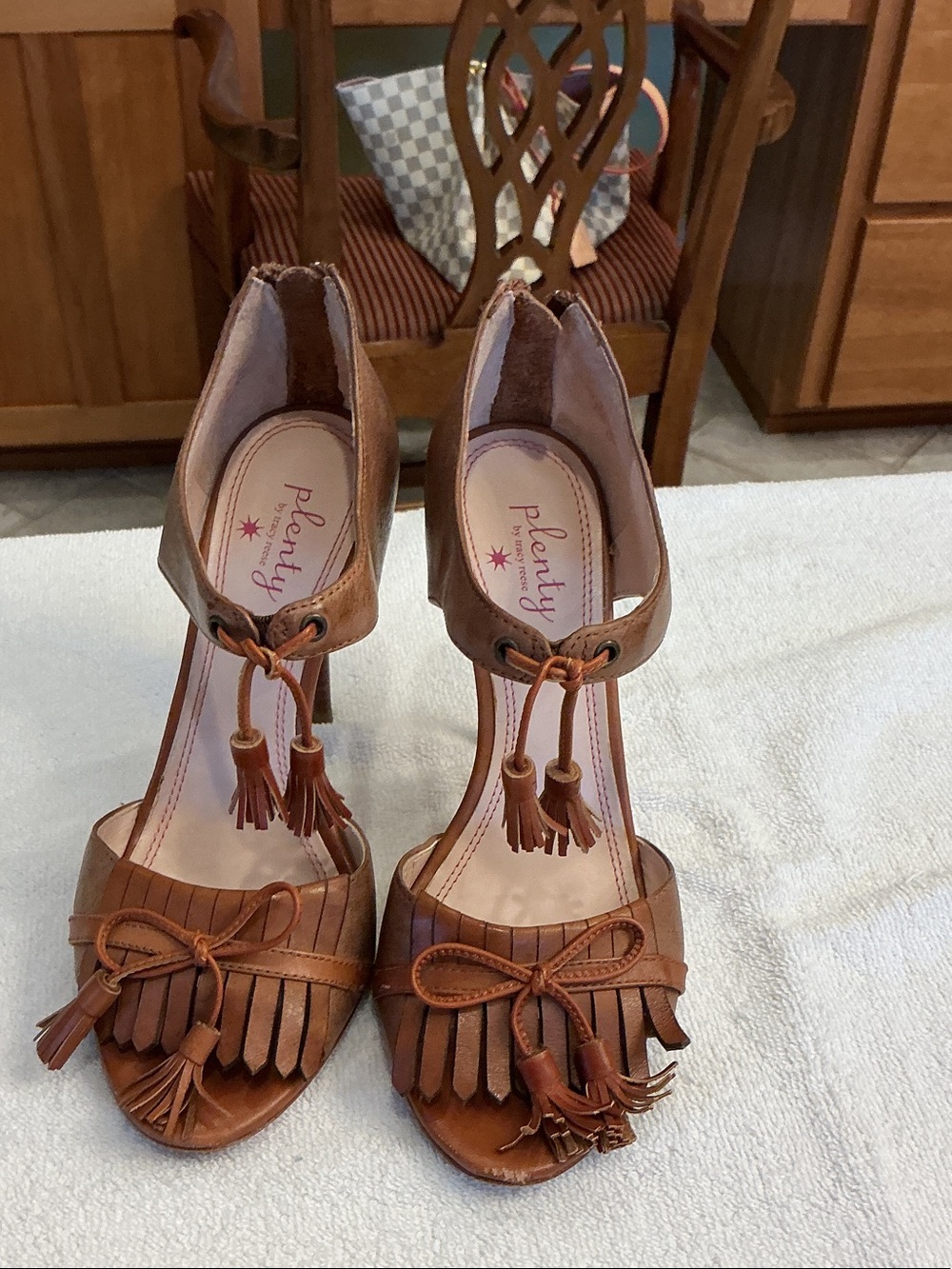 Plenty by Tracy Reese Tan Leather Tassel Fringe Ankle-Strap Heels